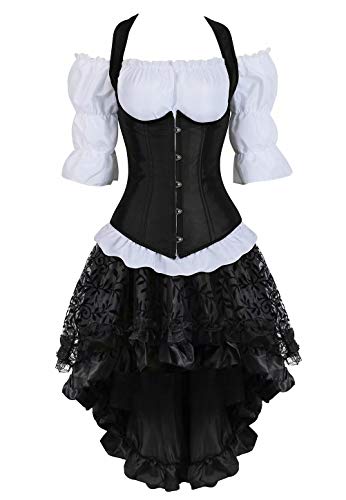 Josamogre Steampunk Corsage Corsagenkleid korsett bustier Kostüm mit asymmetrischer Spitzenrock und Bluse für Karneval Halloween Schwarz 4XL von Josamogre