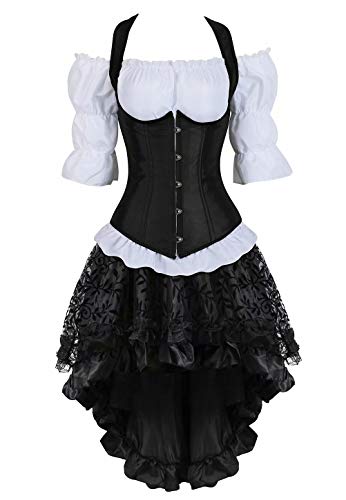 Josamogre Steampunk Corsage Corsagenkleid Korsett Bustier Kostüm mit asymmetrischer Spitzenrock und Bluse für Karneval Halloween Schwarz 4XL von Josamogre