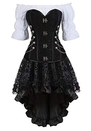 Josamogre Steampunk Corsage Corsagenkleid korsett bustier piraten Kostüm mit asymmetrischer Spitzenrock und Bluse für Karneval Halloween Schwarz 2XL von Josamogre