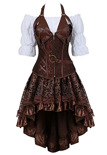 Josamogre Steampunk Corsagenkleid Corsage Kostüm mit asymmetrischer Spitzenrock und Bluse für Karneval Fasching Halloween Braun 2XL von Josamogre