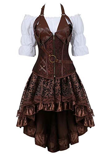 Josamogre Steampunk Corsagenkleid Corsage Kostüm mit asymmetrischer Spitzenrock und Bluse für Karneval Fasching Halloween Braun L von Josamogre