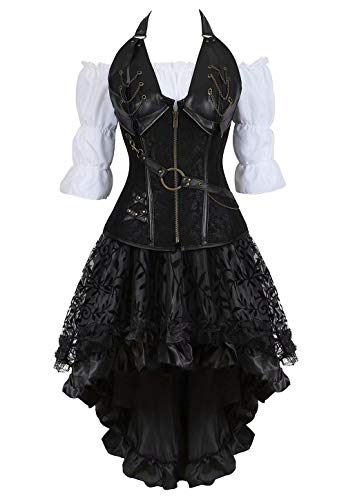 Josamogre Steampunk Corsagenkleid Corsage Kostüm mit asymmetrischer Spitzenrock und Bluse für Karneval Fasching Halloween Schwarz 2XL von Josamogre