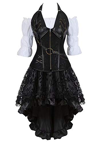 Josamogre Steampunk Corsagenkleid Corsage Kostüm mit asymmetrischer Spitzenrock und Bluse für Karneval Fasching Halloween Schwarz XL von Josamogre
