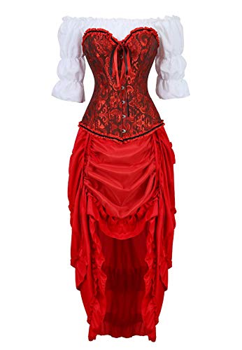 Josamogre Steampunk Corsagenkleid Corsage Korsett Bustier Kleider Kostüm Spitzenrock und Bluse für Karneval Fasching Halloween Rot 3XL von Josamogre