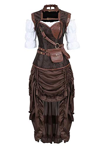 Josamogre Steampunk Corsagenkleid Kunstleder Korsett Corsage Kostüm mit Pirat Spitzenrock und Bluse für Karneval Fasching Halloween Braun 5XL von Josamogre