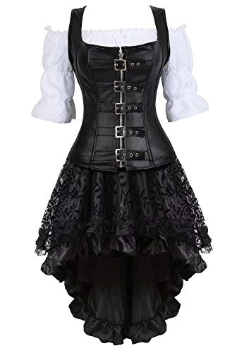 Josamogre Steampunk Corsagenkleid Leder Corsage Kostüm Reißverschluss asymmetrischer Spitzenrock und Bluse für Halloween Schwarz 6XL von Josamogre