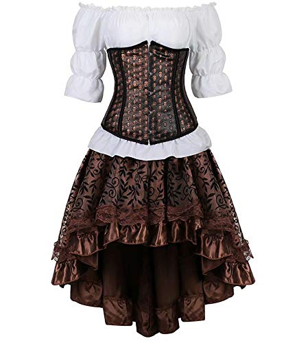 Steampunk Corsagenkleid Leder Unterbrust Corsage Korsett Kostüm Kleider Rock Schädel Bluse Halloween Piraten Braun 2XL von Josamogre