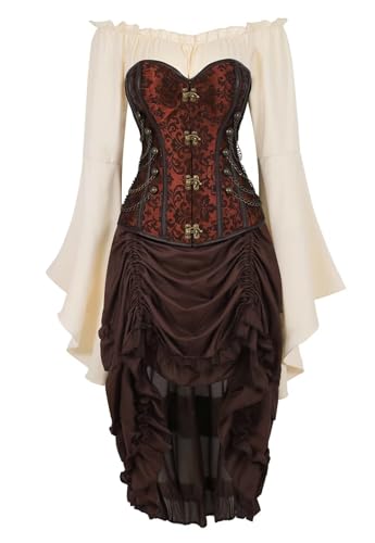 Josamogre Steampunk Korsett Kleid Sexy Corsage Bustier Corsagenkleid Spitze Kostüm Burlesque Damen Gothic Vintage Retro Pirat Braun 2XL von Josamogre