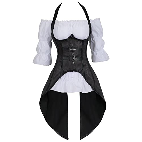 Josamogre Steampunk Korsett Lang Corsage Damen Corset Bustier Set Kostüm Mit Piratenbluse Schwarz 2XL von Josamogre