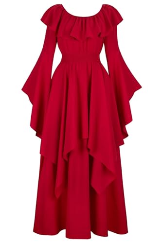 Josamogre Viktorianisches Kleid Mittelalter Damen Renaissance mit Trompetenärmel Party Kostüm bodenlang Vintage Retro Costume Cosplay Halloween Weinrot M von Josamogre