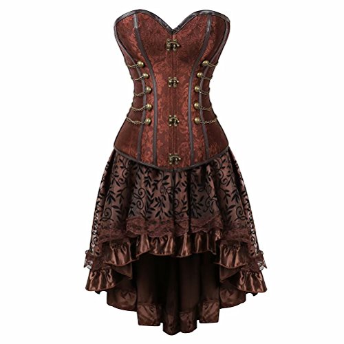 Josamogre corsagenkleid Steampunk Korsett Kleid Pirat Leder Bustier Spitze Kostüm Burlesque Damen Gothic elegant Vintage Retro Braun 6XL von Josamogre