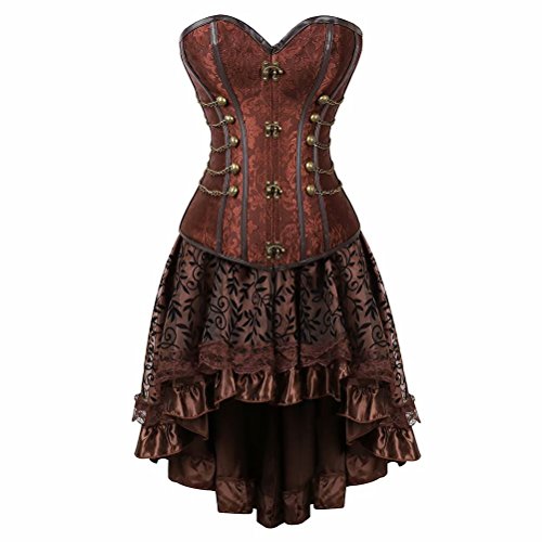 Josamogre corsagenkleid Steampunk Korsett Kleid Pirat Leder Bustier Spitze Kostüm Burlesque Damen Gothic elegant Vintage Retro Braun S von Josamogre