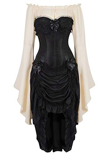 Josamogre korsett Corsagenkleid Corsage Kostüm mit asymmetrischer Spitzenrock und Bluse für Karneval Fasching Halloween 3-teiliges Set Khaki Black xl von Josamogre