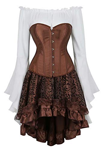 Josamogre Korsett Corsagenkleid Corsage Bustiers Kleid Vollbrust Spitzenrock und Bluse für Karneval Spitzenrock 3-teiliges Set White Brown l von Josamogre