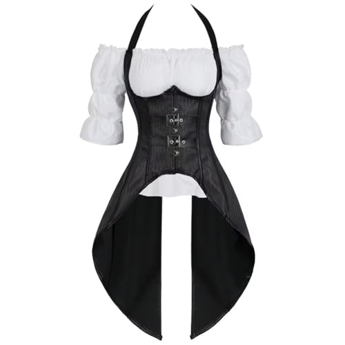 Josamogre korsett Top Bluse Set Corset Unterbrust Long Steampunk Neckholder Outfits für Frauen Exotic Gothic Halloween Schwarz M von Josamogre