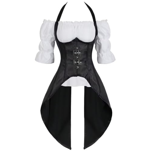 Josamogre Korsett Top Bluse Set Corset Unterbrust Long Steampunk Neckholder Outfits für Frauen Exotic Gothic Halloween Schwarz M von Josamogre