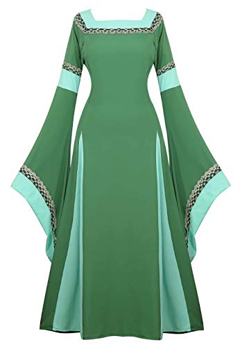 Mittelalter Kleidung Damen Kleid mit Trompetenärmel Party Kostüm bodenlang Vintage Retro Renaissance Costume Cosplay Grün 2XL von Josamogre