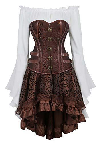 Josamogre steampunk korsett damen corsage kleid rock blusen 3 teilig gothic sexy karneval pirat frauen braun 3XL von Josamogre