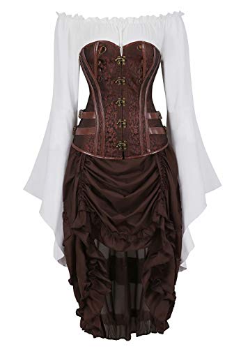 Josamogre steampunk korsett damen corsage kleid rock blusen 3 teilig gothic sexy karneval pirat frauen braun 3XL von Josamogre