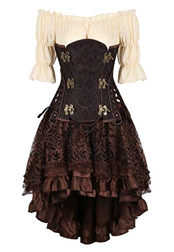 Josamogre steampunk korsett unterbrust kleid Corsage Corsagenkleid korsettkleid Damen korsage sexy top set Gothic pirat frauen Braun 5XL von Josamogre