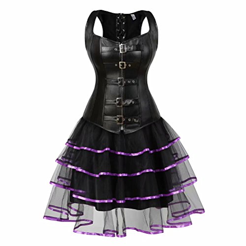 Josamogre steampunk leder korsett kleid tutu Corsagenkleid elegant viktorianisch Corsage mit träger strapse Rock set Damen sexy Schwarz Violett L von Josamogre