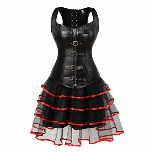 Josamogre steampunk leder korsett kleid tutu Corsagenkleid elegant viktorianisch Corsage mit träger strapse Rock set Damen sexy Schwarz rot 2XL von Josamogre