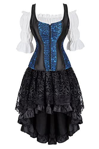 Josamogre Korsett Corsagenkleid Corsage Corset Korsage Rock Kleid Shirt 3 Teilig Damen Vollbrust Bustier Sexy Gothic Blau 6XL von Josamogre