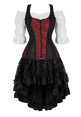 Korsett Corsagenkleid Corsage Korsage Rock Kleid Shirt 3 teilig Damen Vollbrust Bustier sexy Gothic rot 3XL von Josamogre