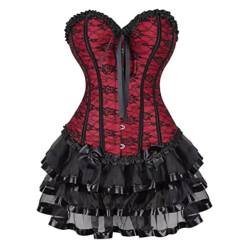 Korsett Damen Kleid Rock Top Set Corsage Corset Dress Spitze Ärmel Corsagenkleid Vintage Sexy Halloween Kostüm Rot 5XL Korsett Damen Kleid Rock Top Set Corsage Corset Dress Spitze Ärmel Corsagenkleid Vintage Sexy Halloween Kostüm Rot 5XL von Josamogre