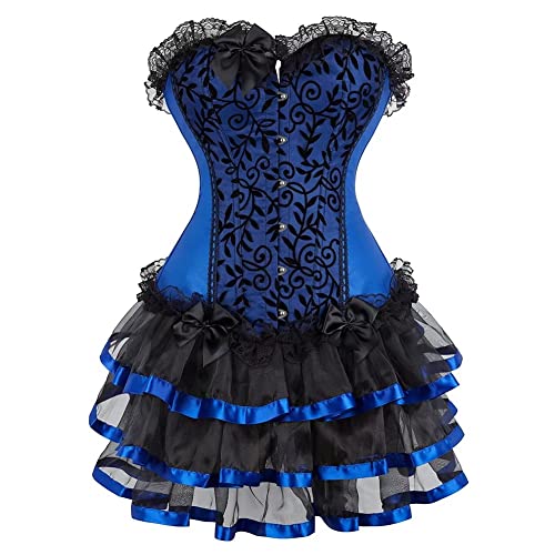 Josamogre Korsett Damen Kleid Rock Top Set Corsage Corset Dress Spitze Schnüren Corsagenkleid Vintage Sexy Halloween Blau L von Josamogre