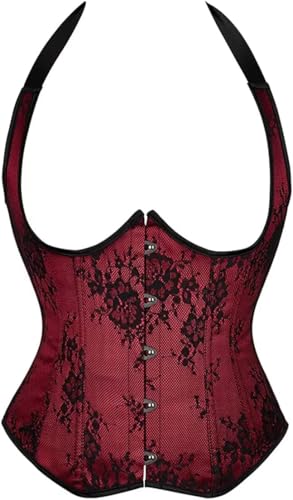 Korsett Damen Unterbrust Corset Top Corsette Corsage mit Träger Straps Halbbrust Taillenkorsett Brokat Pirat Dunkelblau Halloween Rot XL von Josamogre