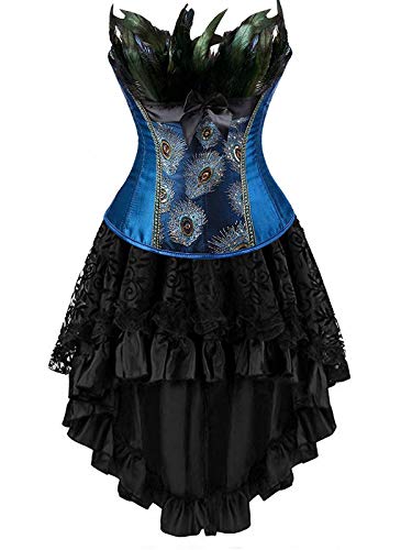 Korsett Kleid Corsage Korsage Corsagenkleid Rock pfau Feder Damen Vollbrust Bustier sexy Gothic Burlesque Blau 2XL von Josamogre