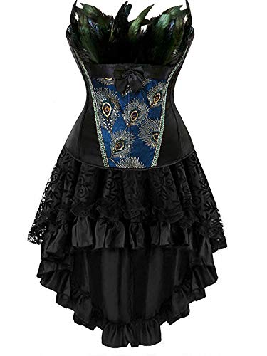 Korsett Kleid Corsage Korsage Corsagenkleid Rock pfau Feder Damen Vollbrust Bustier sexy Gothic Burlesque Schwarz XL von Josamogre