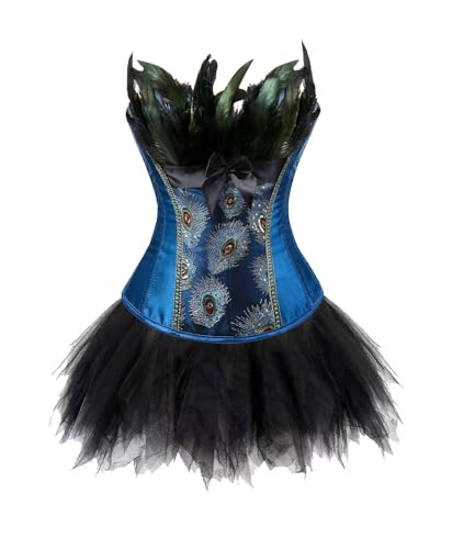 Josamogre Korsett Kleid Damen Corset Dress Corsage Vollbrust Korsage Korsagenkleid Rock Pfau Feder Bustier Sexy Gothic Burlesque Halloween Blau 3XL von Josamogre