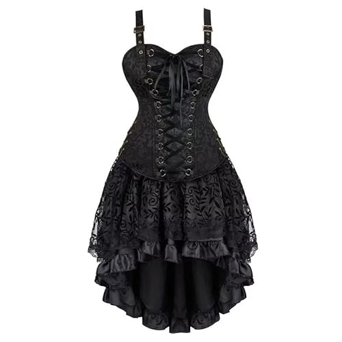 Josamogre Korsett Kleid Damen Halloween Rock Set Steampunk Corsage mit Strapsen Spitze Corset Dress Bustier Corsagenkleid Kostüm Piraten Schwarz 6XL von Josamogre