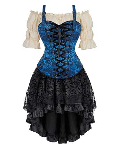 Korsett Kleid Damen Rock 3 Pcs Steampunk Corsage mit Strapsen Spitze Corset Dress Bustier Korsettkleid Kostüm Pirat Halloween Burlesque Blau 2XL von Josamogre