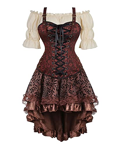 Korsett Kleid Damen Rock 3 Pcs Steampunk Corsage mit Strapsen Spitze Corset Dress Bustier Korsettkleid Kostüm Pirat Halloween Viktorianisch Braun S von Josamogre