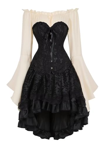 Korsett Kleid Damen Rock Set Corsett Corsage mit Spitze Vintage Korsagenkleid Kostüm Halloween Große Größen Schwarz S von Josamogre