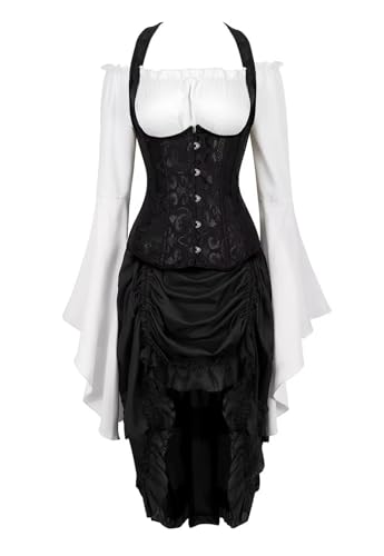 Korsett Kleid Damen Rock SetCorsage mit Strapse Spitze Vintage Korsettkleid Karneval Halloween Schwarz 2XL von Josamogre