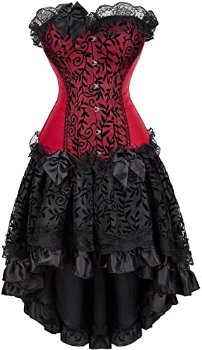 Korsett Kleid Korsage Damen Corset Dress Korsettkleid Rock Spitzen Gothic Retro Rot Schwarz 3XL von Josamogre