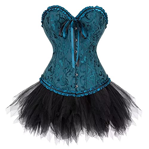 Josamogre Korsett Kleid Rock Corset Dress Damen Corsage Spitze Lace Kostüm Mit Korsettkleid Vintage Sexy Halloween Dunkelgrün 5XL von Josamogre