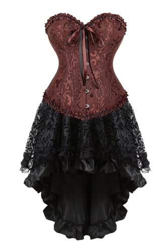 Korsett Kleid Rock Damen Corset Dress Corsage Set Bustier Corsagenkleid Blumen Gothic Burlesque Braun 3XL von Josamogre
