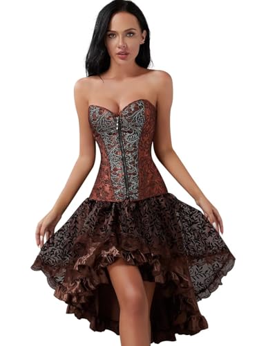 Korsett Kleid Rock Set Steampunk Kostüm Piraten Corsage Corset Dress Bustier Damen Corsagenkleid Halloween Piratenenkleid Braun 5XL von Josamogre