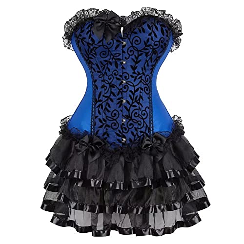 Josamogre Korsett Kleid Rock Top Set Damen Corsage Corset Dress Spitze Schnüren Corsagenkleid Vintage Sexy Halloween Blau S von Josamogre