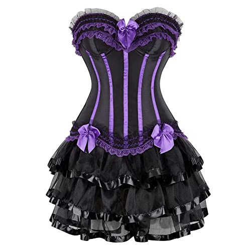 Josamogre Korsett Kleider Corsage Corset Bustier Dress Sexy Streifen Spitze Gothic Rock Damen Corsagenkleid Burlesque Violett L von Josamogre