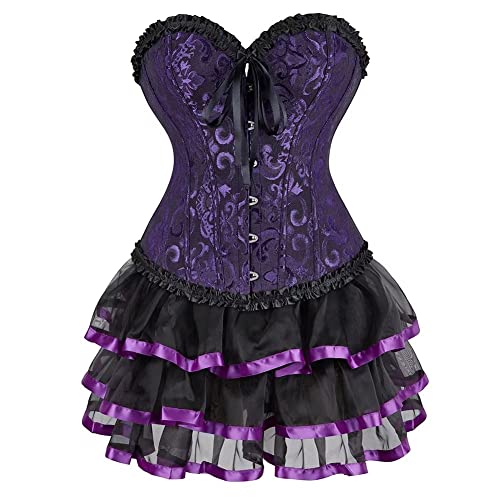 Korsett Kleider Corset Dress Vollbrust Corsage Rock Set große größe Viktorianisch Günstige Halloween Violett 4XL von Josamogre