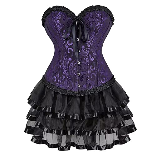 Korsett Kleider Corset Dress Vollbrust Corsage Rock Set große größe Viktorianisch Günstige Halloween Violett 7XL von Josamogre