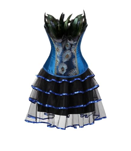 Josamogre Korsett Kleider Damen Corset Dress Corsage Vollbrust Korsage Korsagenkleid Rock Pfau Feder Bustier Sexy Gothic Burlesque Halloween Blau 2XL von Josamogre