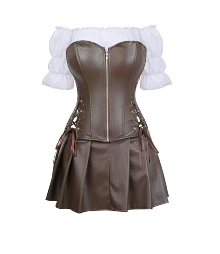 Korsett Kunstleder Corsage Kleid Rock Hemd Setleder Reißverschluss Damen Burlesque Steampunk Braun 7XL von Josamogre