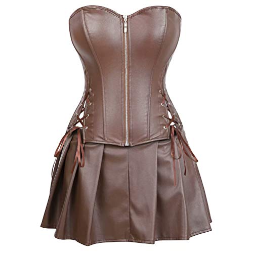Korsett Kunstleder Corsage Kleid Rock Leder Reißverschluss Damen Burlesque Steampunk Braun 2XL von Josamogre
